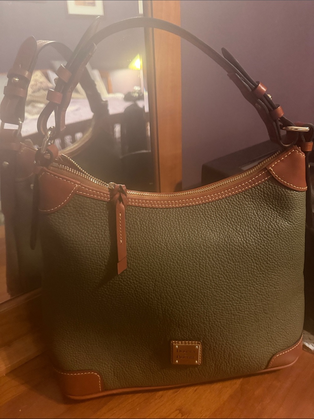 Dooney & Bourke Dark Brown Pebbled Leather Shoulder Bag with Tan Trim